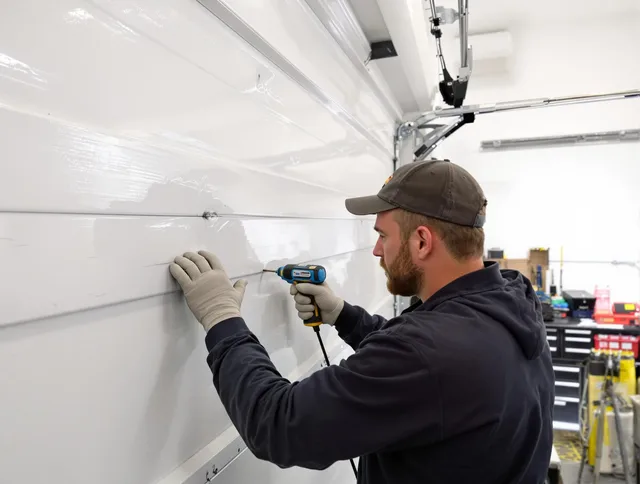 Pembroke Pines Garage Door Repair technician demonstrating precision dent removal techniques on a Pembroke Pines garage door
