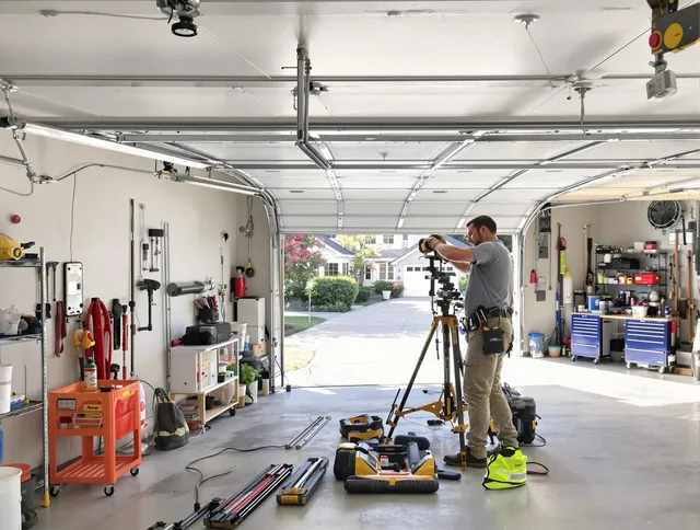 Pembroke Pines Garage Door Repair specialist performing laser-guided track alignment in Pembroke Pines